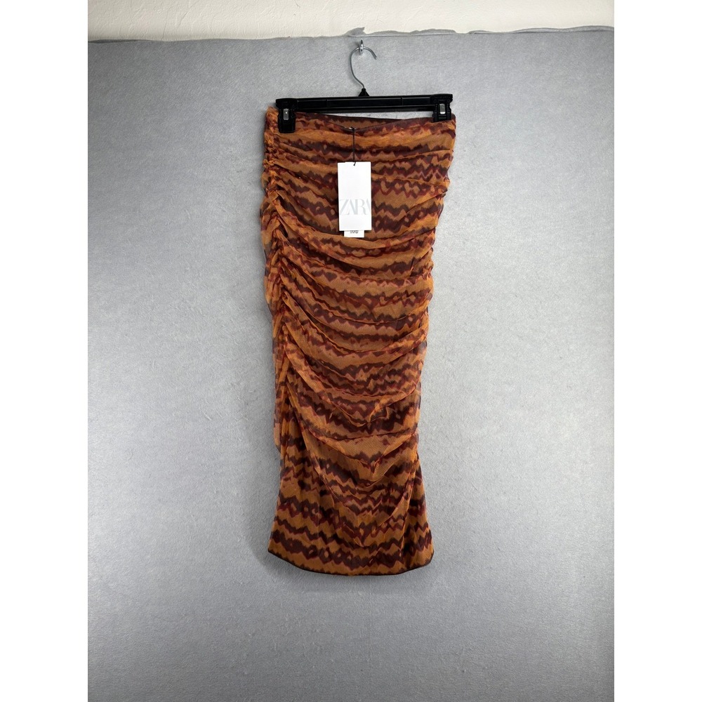 ZARA Ruched mesh tulle Midi‎ Skirt Orange Brown Zigzag Print Bodycon Size small